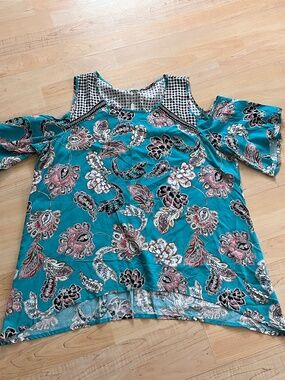 Women’s Spense Blouse Top Shoulder-less Paisley Checkered Teal  XL Brand New